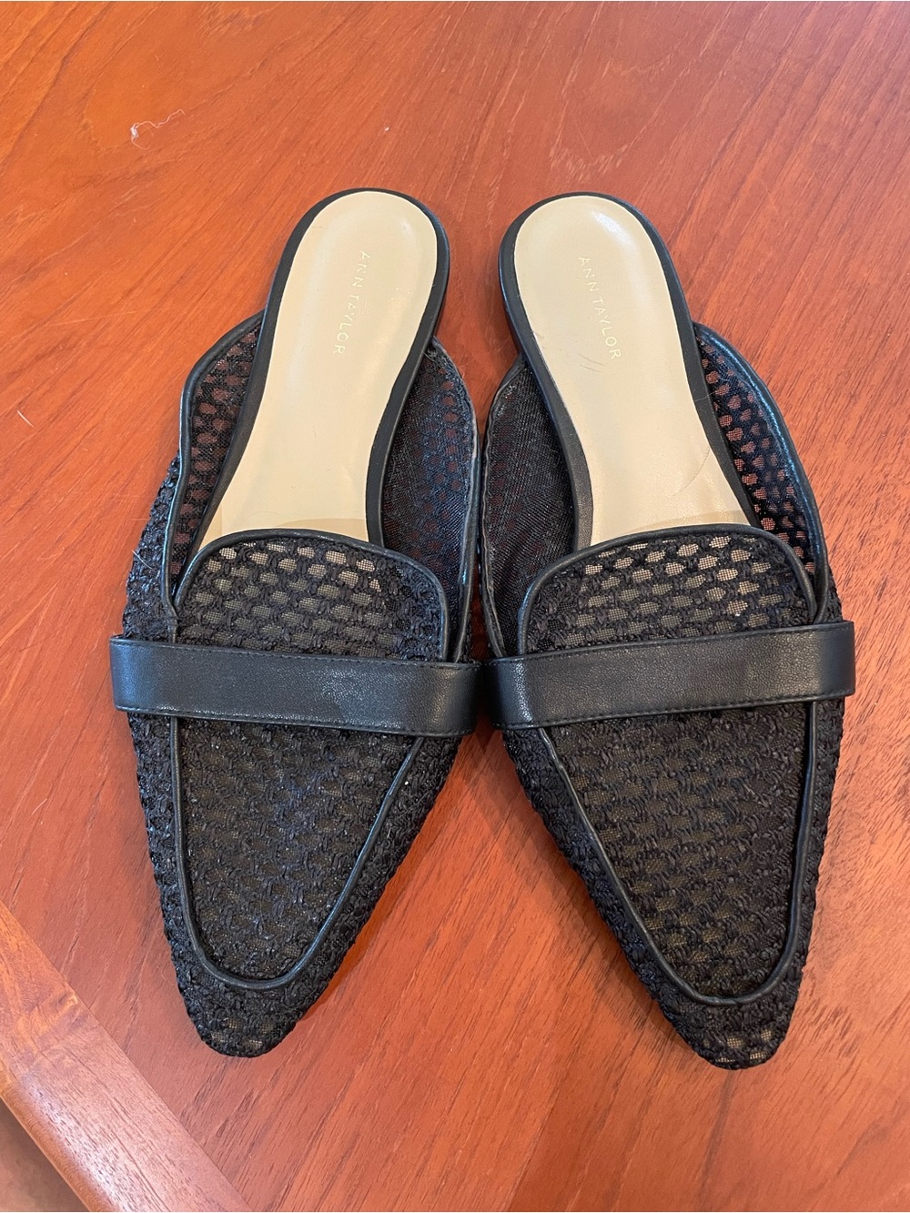 Ann Taylor Black Pointed Slip-On Mules with Woven Upper